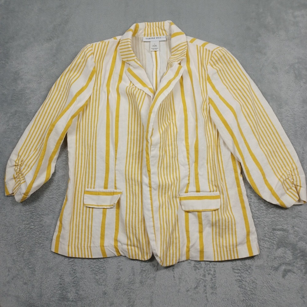 Carole Wren Blazer Womens Large‎ Yellow Striped Linen Blend Preppy